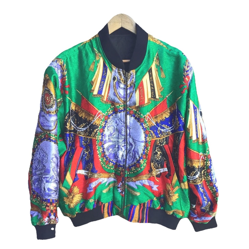Vintage Reversible Silk Bomber Jacket Black Baroque Equestrian Print Women's L